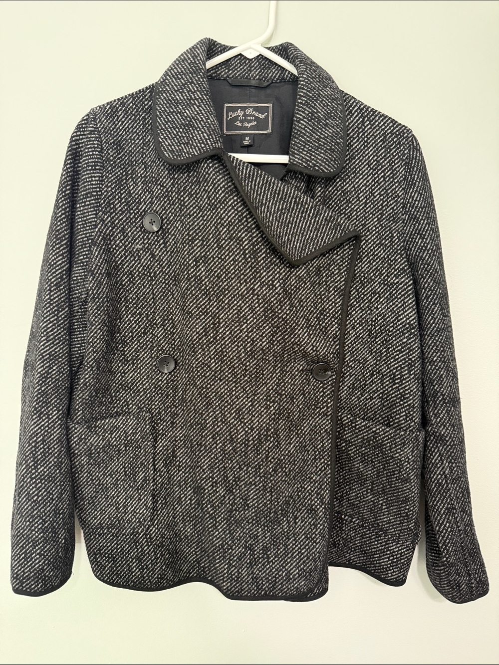 Lucky Brand Black & White Textured Double-Breasted Pea Coat